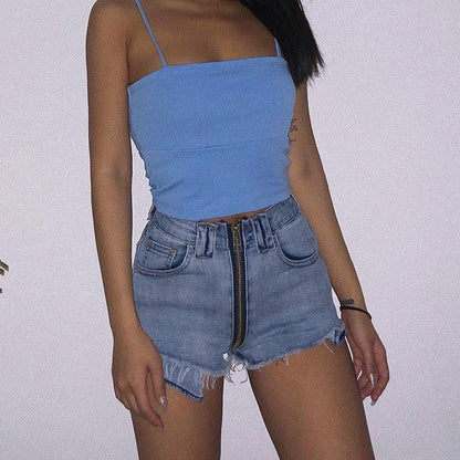 Xuan Ya High-Waisted Denim Shorts with Hip Zipper for Effortless Style