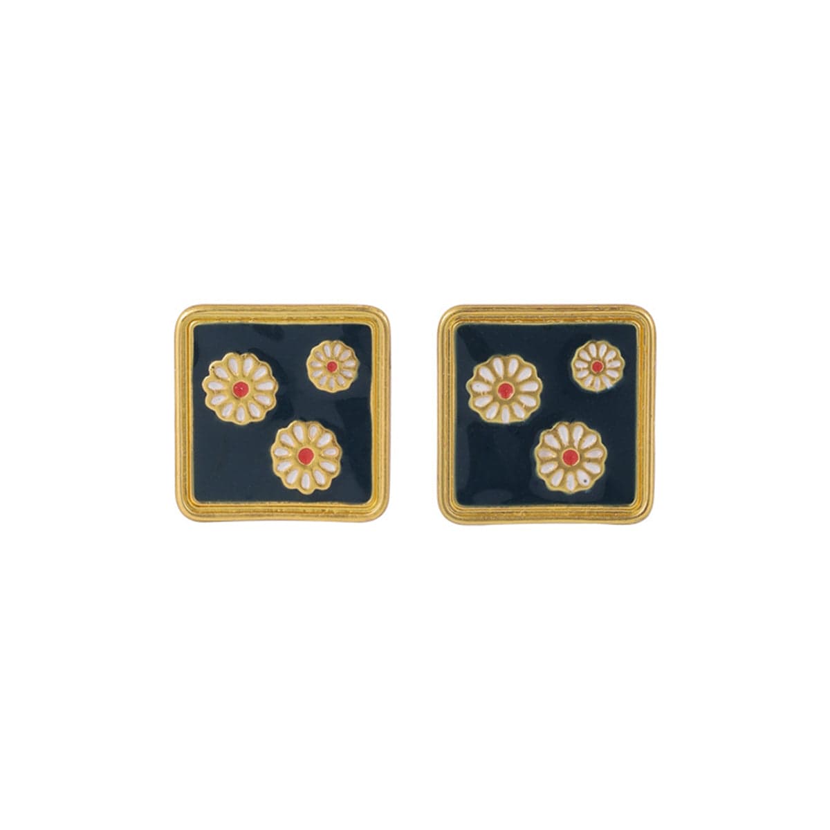 Black Enamel & Goldtone Three Mums Square Stud Earrings