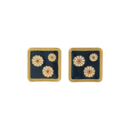 Black Enamel & Goldtone Three Mums Square Stud Earrings