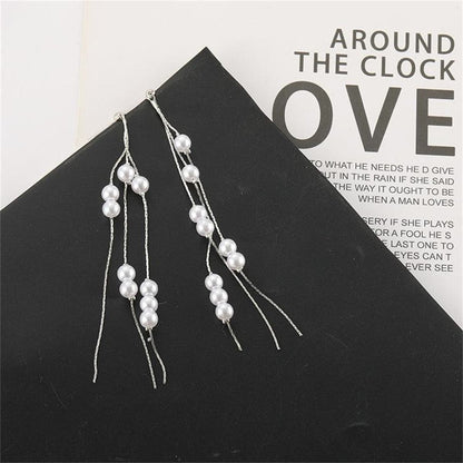 Pearl & Silvertone Cluster Tassel Dangle Earrings