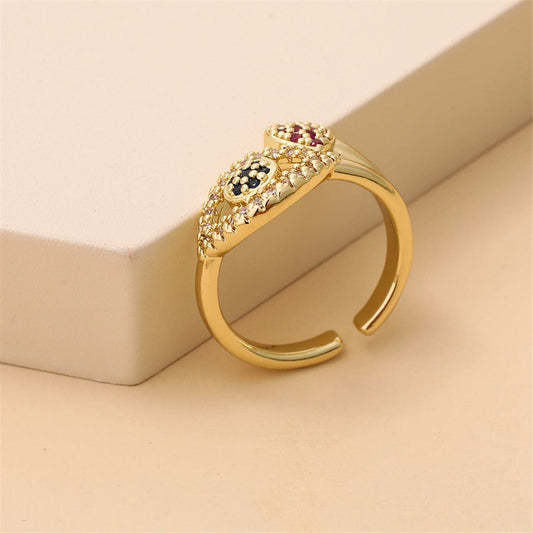 Red Cubic Zirconia & Goldtone Heart Eye Open Ring