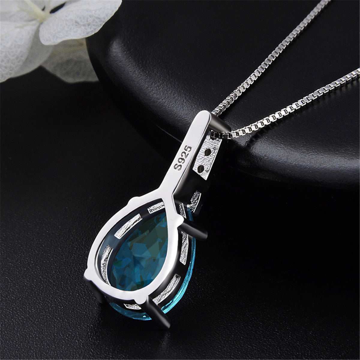 Cubic Zirconia & Aqua Pear Cut Crystal Bezel Prong Pendant Necklace