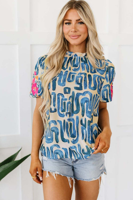 Threaded Pear Lara Puff Sleeve Frilled Neck Printed Top