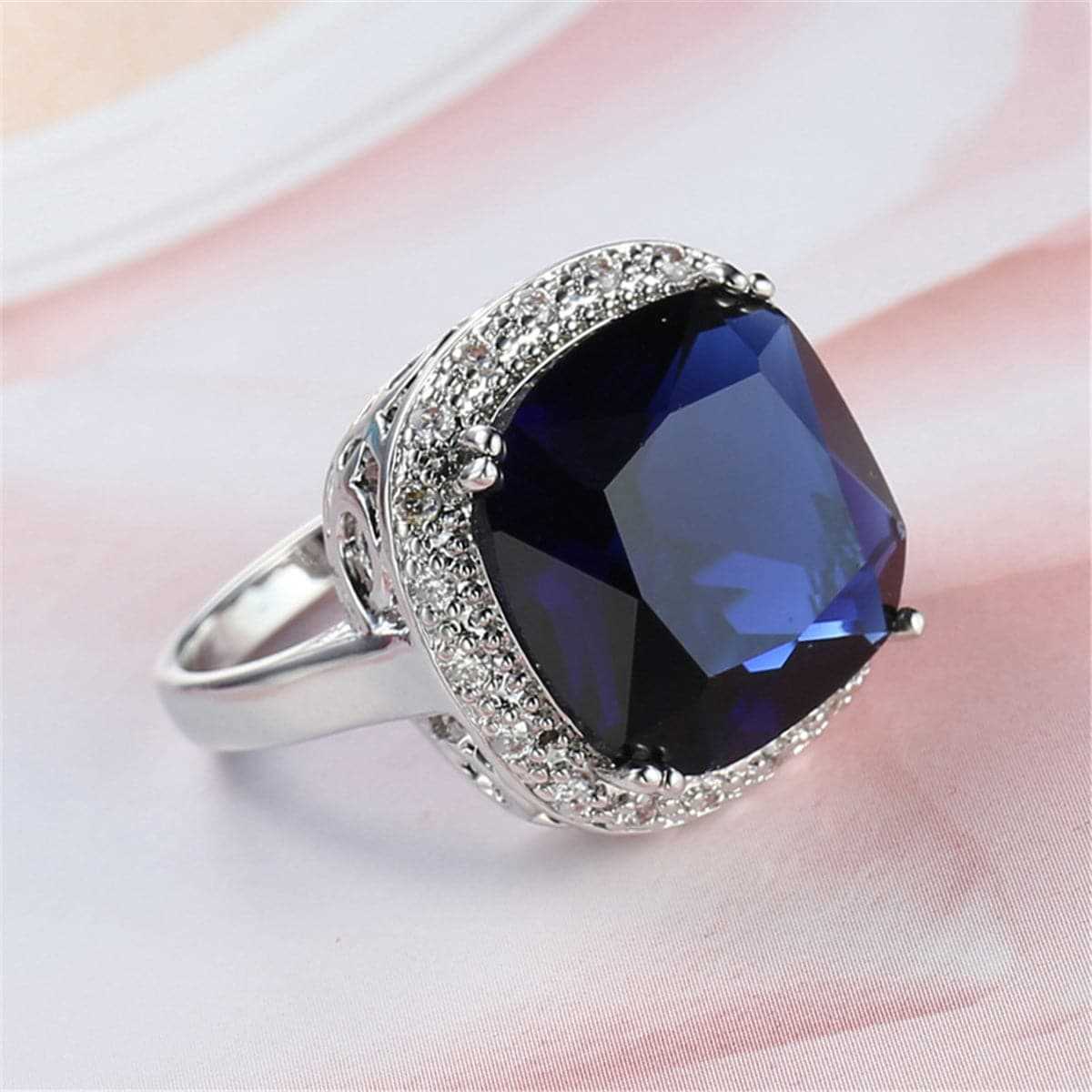 Navy Crystal & Cubic Zirconia Silvertone Halo Cushion-Cut Ring