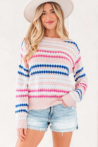 Amelia Patterned Drop Shoulder Sweater - Khaki Stripe / L - 12/14