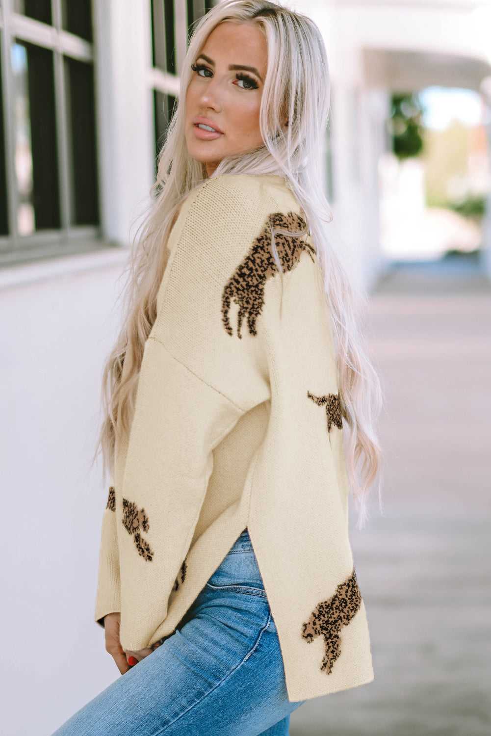 Threaded Pear Harper Print High Hem Sweater