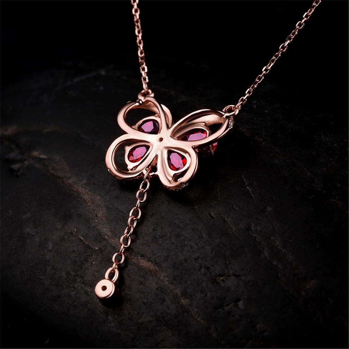 Red Crystal & Cubic Zirconia Butterfly Pendant Necklace-2