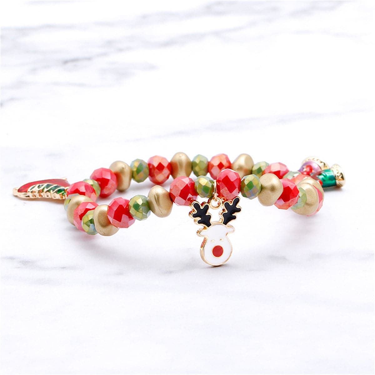 Red Acrylic & Goldtone Reindeer Skates Charm Stretch Bracelet
