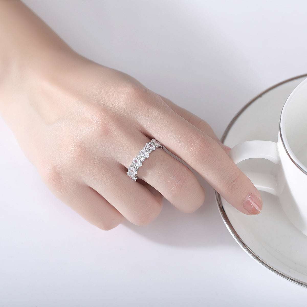 Oval-cut Crystal & Cubic Zirconia Silvertone Band Ring-1