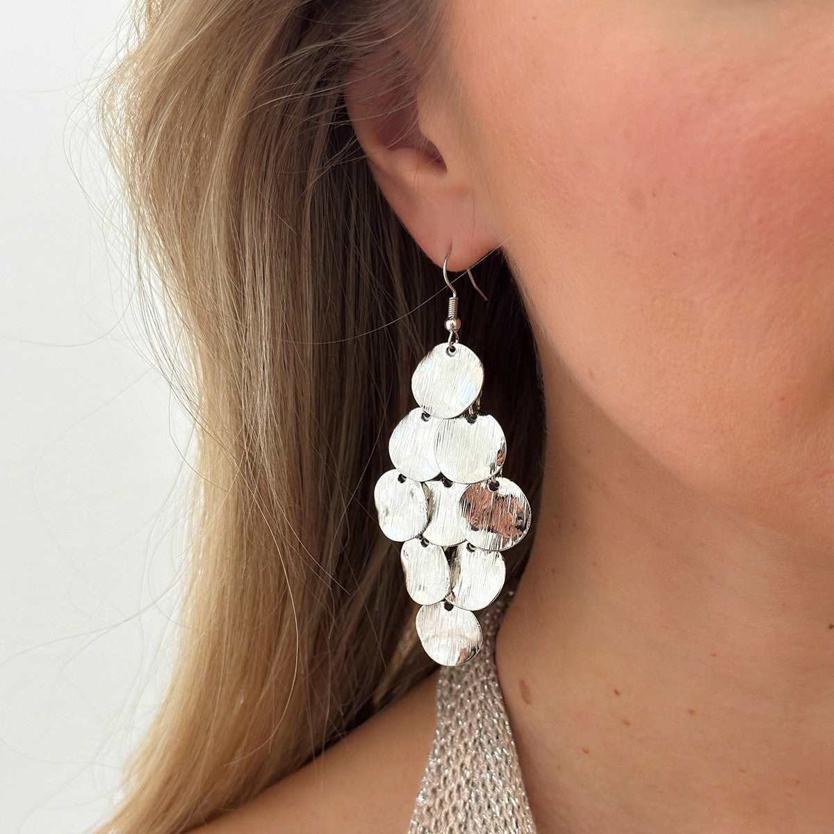 Silvertone Textured Disc Tassel Dangle Earrings