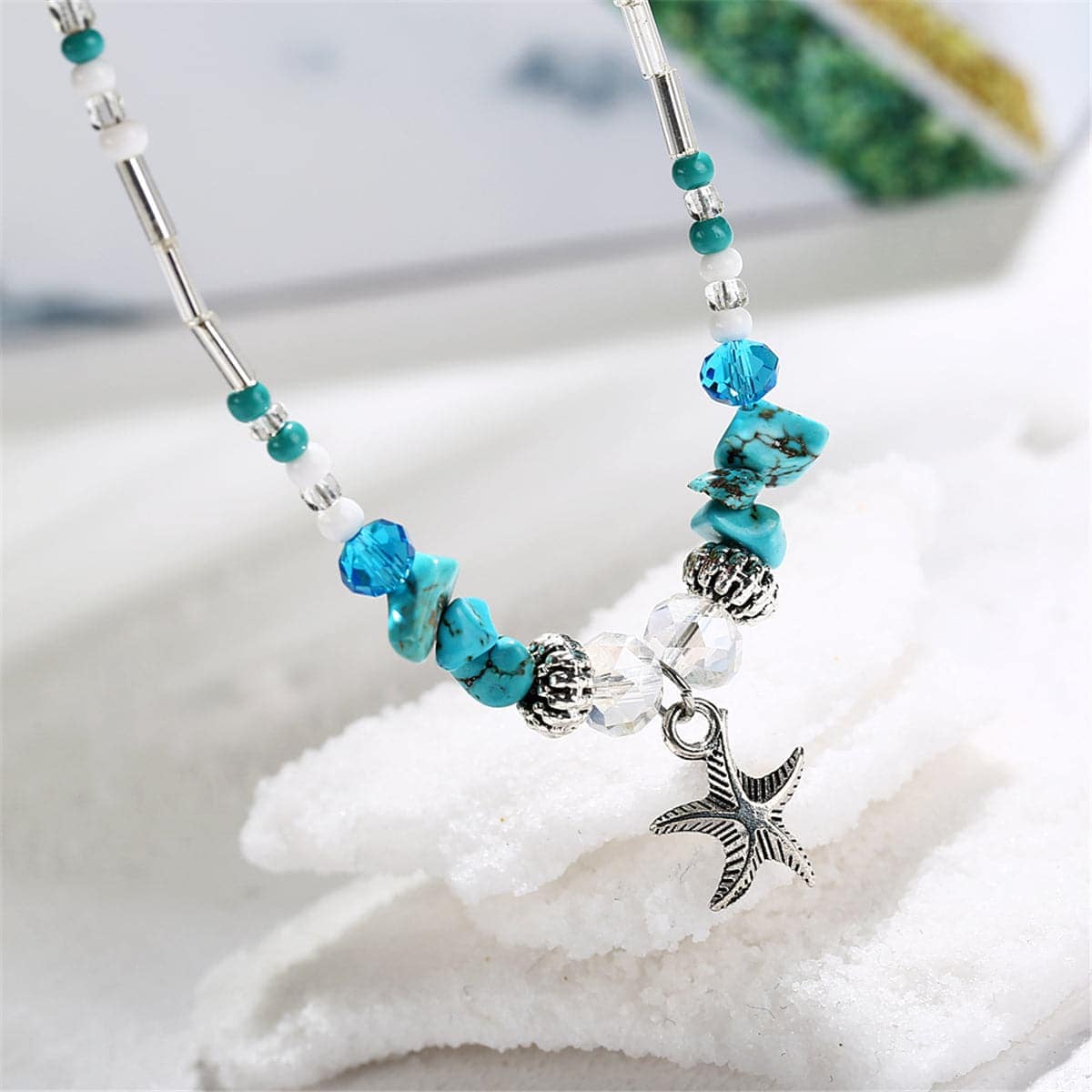 Turquoise & Acrylic Silvertone Beaded Starfish Charm Anklet