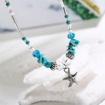 Turquoise & Acrylic Silvertone Beaded Starfish Charm Anklet