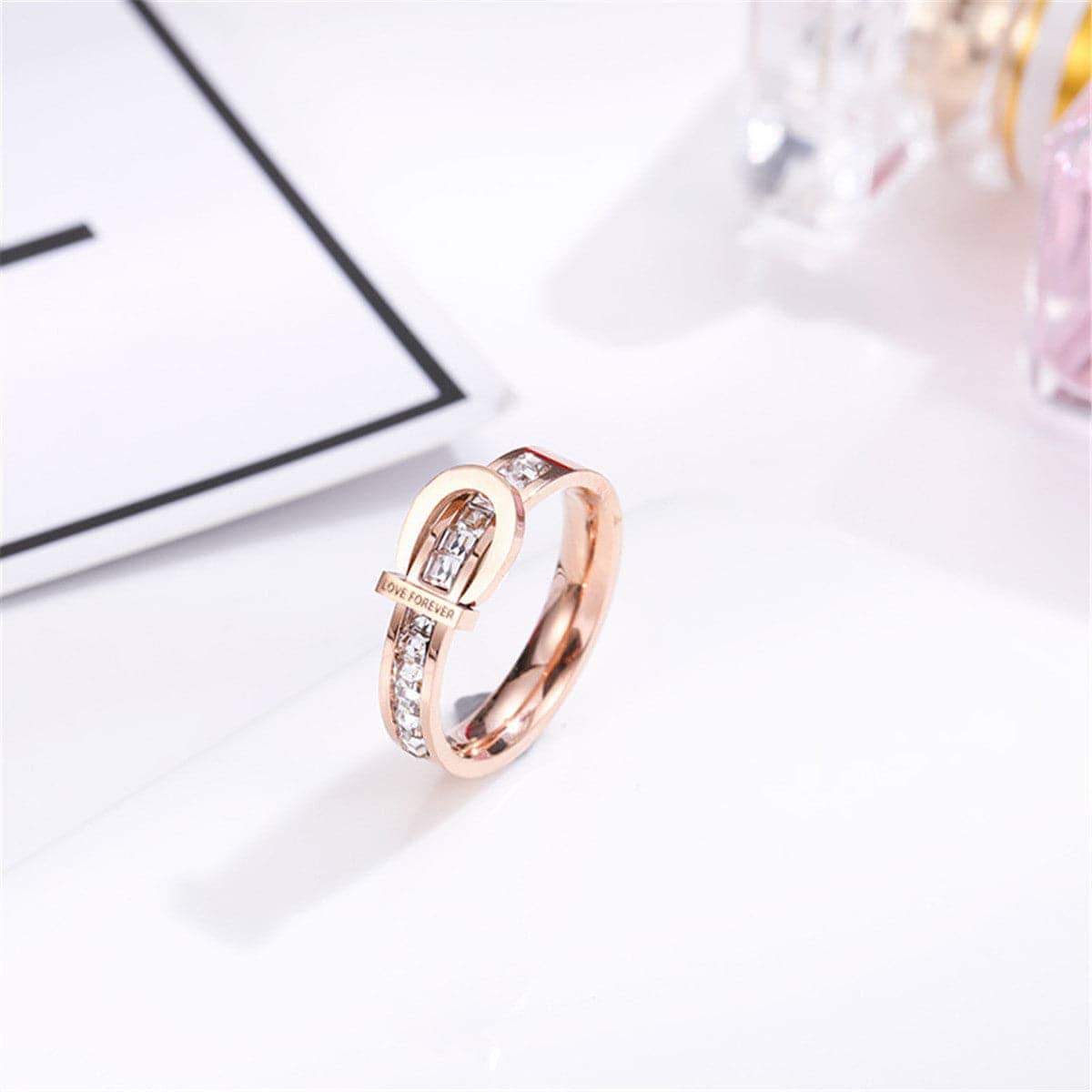 Crystal & Rose Goldtone Belt Buckle Ring