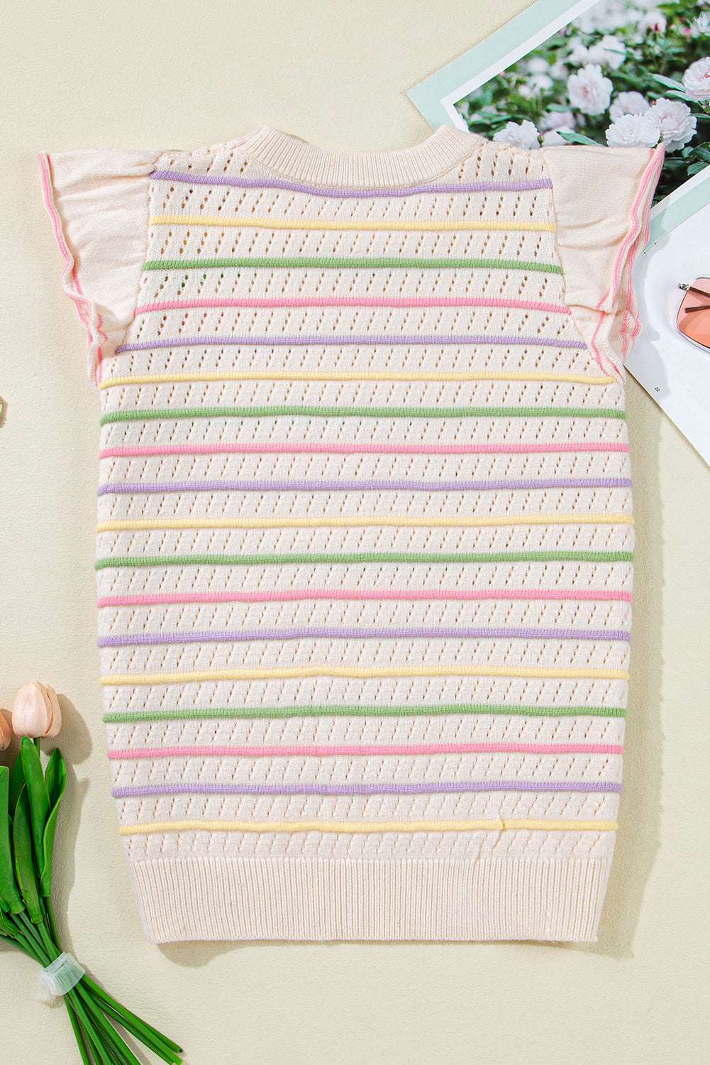 Threaded Pear Annalise Striped Eyelet Ruffled Sleeve Sweater