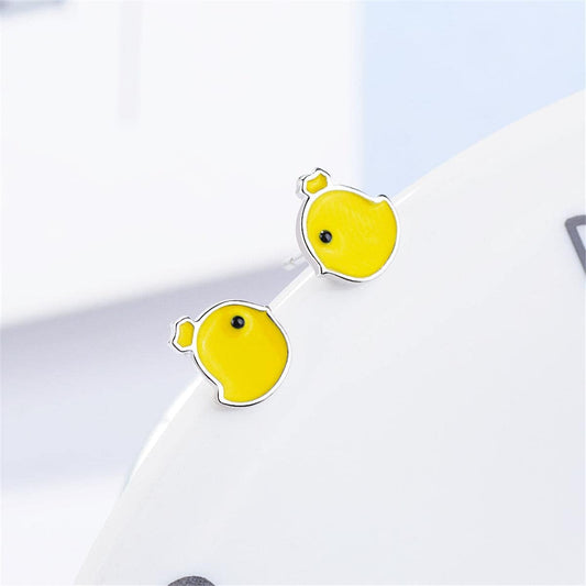 Yellow Enamel & Silvertone Chicken Stud Earrings