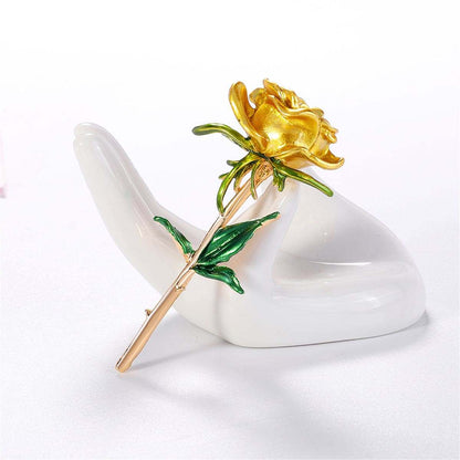 Yellow Enamel & Goldtone Rose Brooch