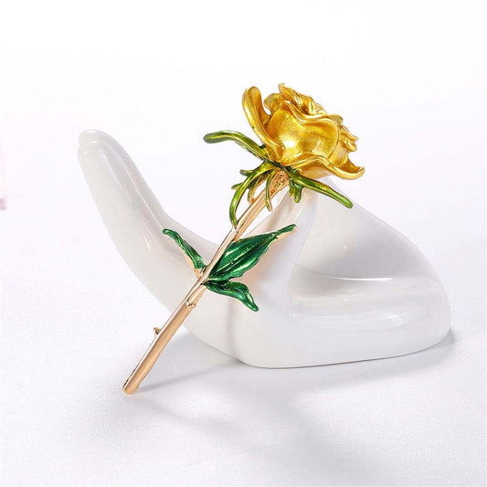 Yellow Enamel & Goldtone Rose Brooch