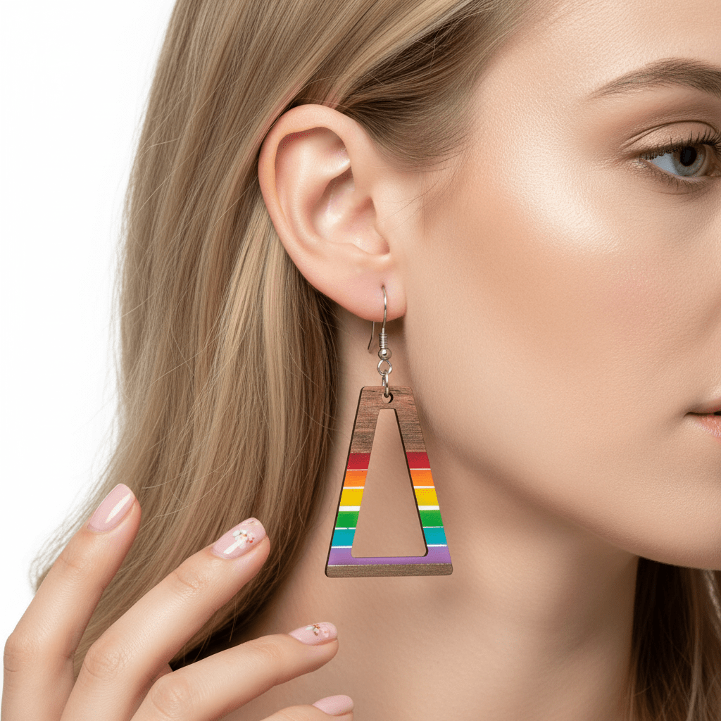 Multi-Colored Resin & Wood Silvertone Open Stripped Trapezoid Hook Earrings