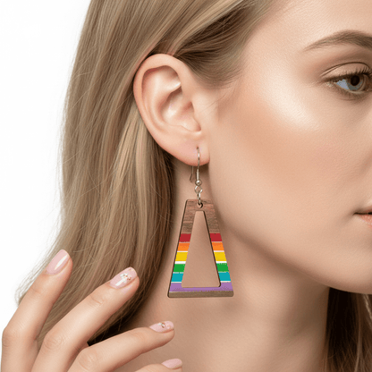 Multi-Colored Resin & Wood Silvertone Open Stripped Trapezoid Hook Earrings