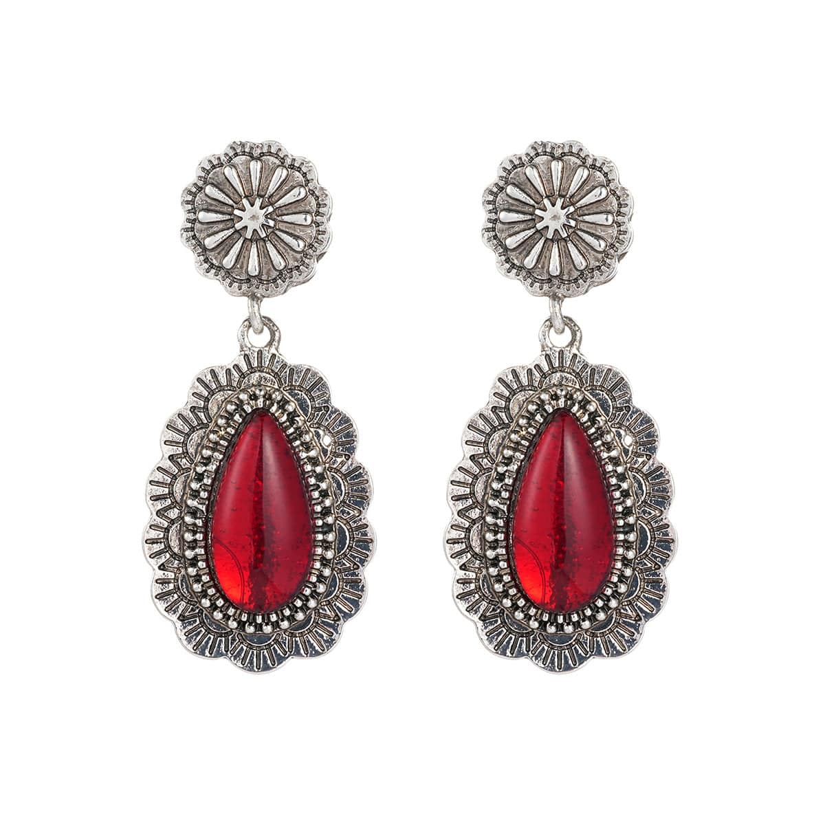 Red Resin & Silvertone Flower Drop Earrings