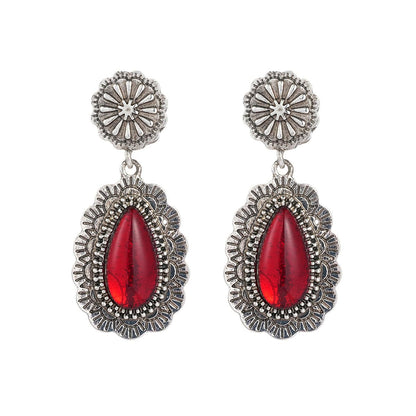 Red Resin & Silvertone Flower Drop Earrings