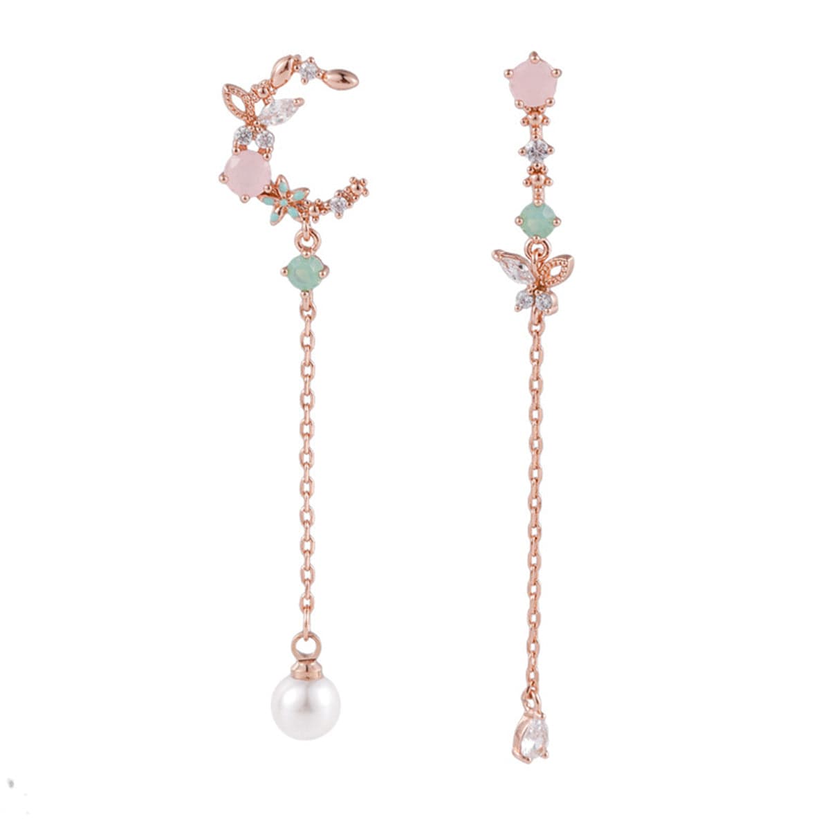 Crystal & Pearl Rose Goldtone Asymmetrical Butterfly Moon Drop Earrings