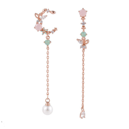 Crystal & Pearl Rose Goldtone Asymmetrical Butterfly Moon Drop Earrings