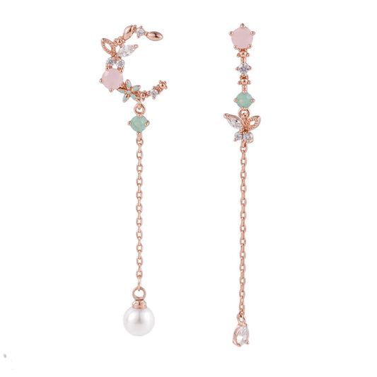 Crystal & Pearl Rose Goldtone Asymmetrical Butterfly Moon Drop Earrings