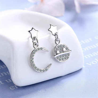 Cubic Zirconia & Silvertone Moon & Planet Drop Earrings