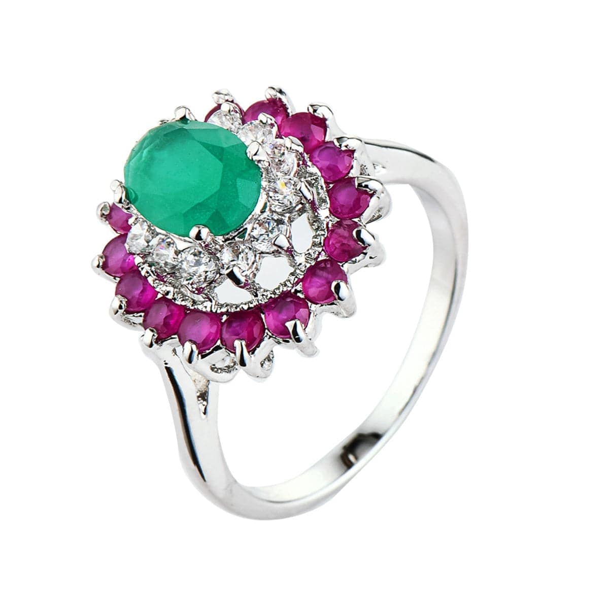 Green Crystal & Red Cubic Zirconia Oval-Cut Halo Ring