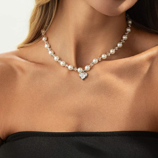 Clear Acrylic & Crystal Pearl Silvertone Bead Chain Heart Pendant Necklace