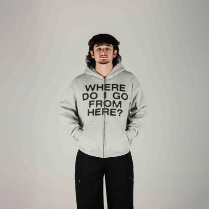 Compliments Where Do I Go? Gray Zip-Up Hoodie