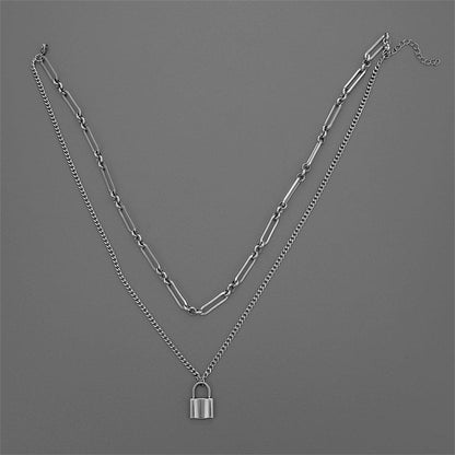 Silvertone Lock Layered Pendant Necklace