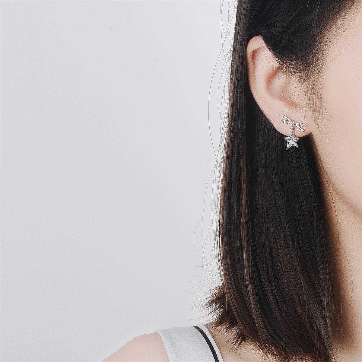 Cubic Zirconia & Silvertone Star Asymmetrical Stud Earrings