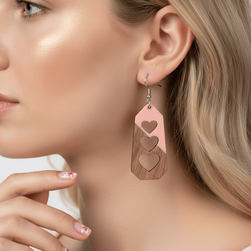 Pink Resin & Wood Silvertone Graduated Heart Hook Earrings