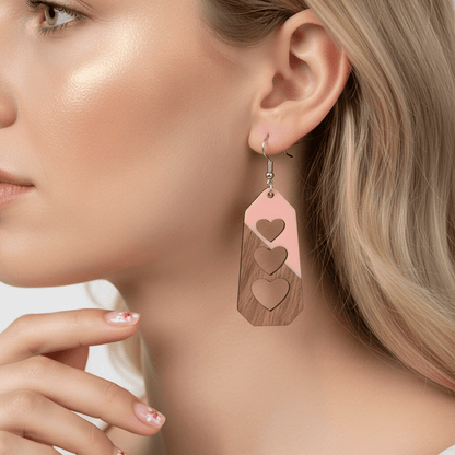 Pink Resin & Wood Silvertone Graduated Heart Hook Earrings
