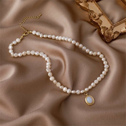 Blue Resin & Pearl Goldtone Oval Pendant Collar Necklace