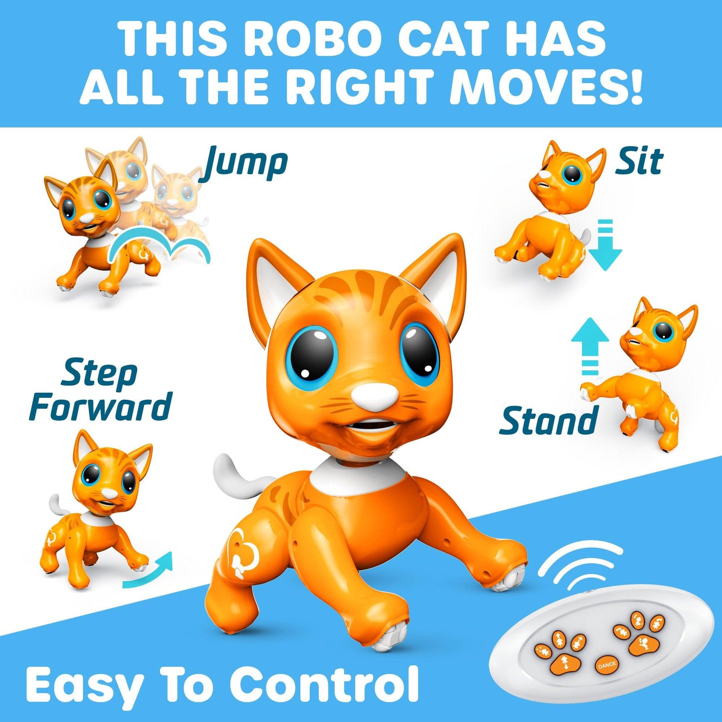 Orange robot cat, white remote, and blue, green, red and black food-