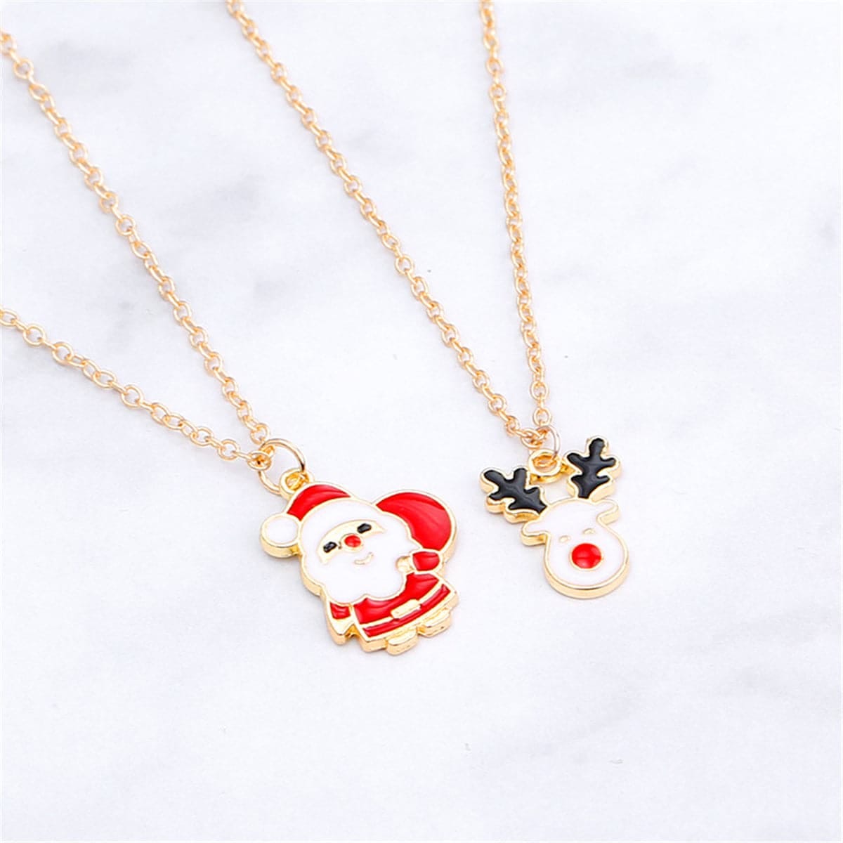 Red & Goldtone Santa Claus & Reindeer Pendant Necklace Set