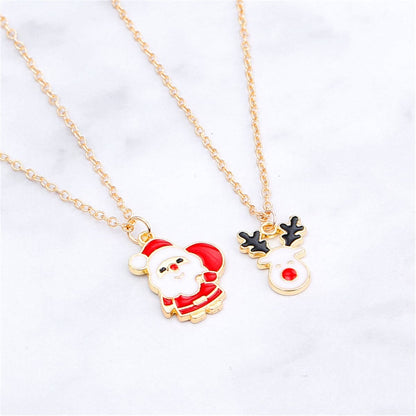 Red & Goldtone Santa Claus & Reindeer Pendant Necklace Set