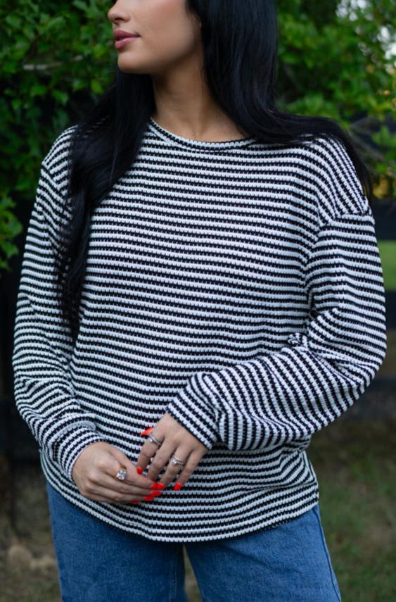 Elouise Stripe Long Sleeve Top - Black Stripe / M - 8/10