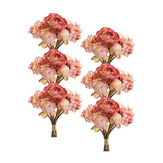 Melrose International Coral Pink Peony and Hydrangea Flower Bouquet (Set of 6)