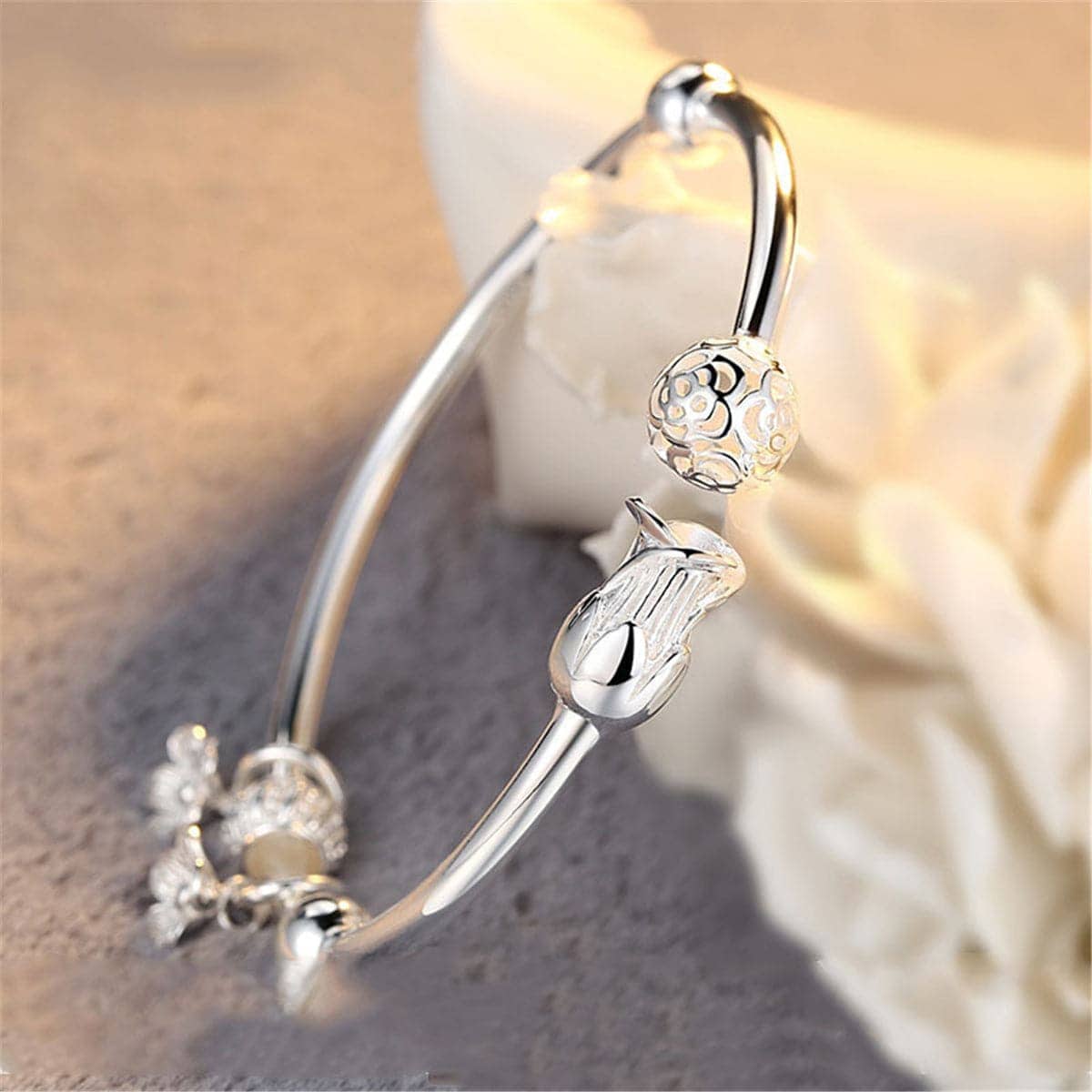 Silvertone Ball & Rose Cuff