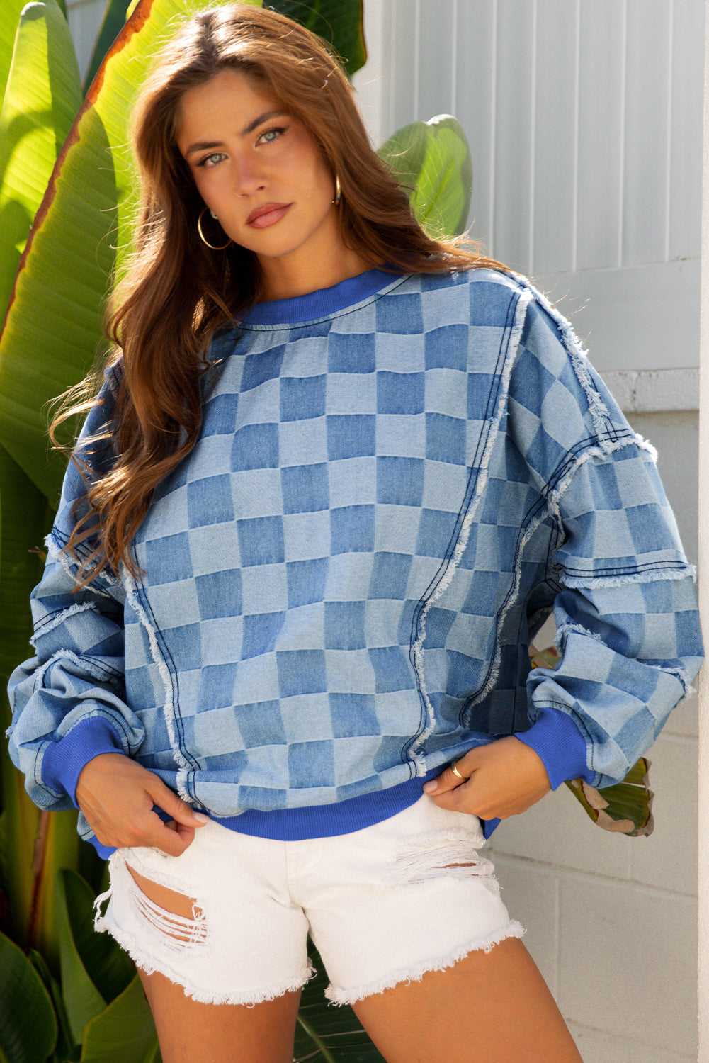 Threaded Pear Jessica Checkerboard Oversized Denim Pullover