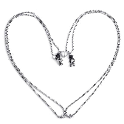 Black Enamel & Silvertone Heart Astronaut Pendant Necklace Set