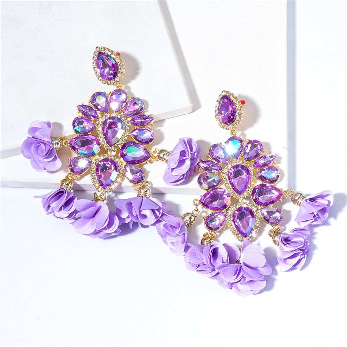 Purple Crystal & Cubic Zirconia Silk Goldtone Floral Tassel Drop Earrings