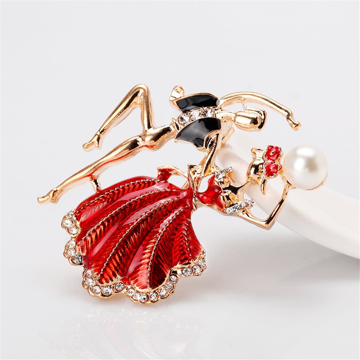Red Enamel & Pearl Goldtone Dancing Partner Brooch