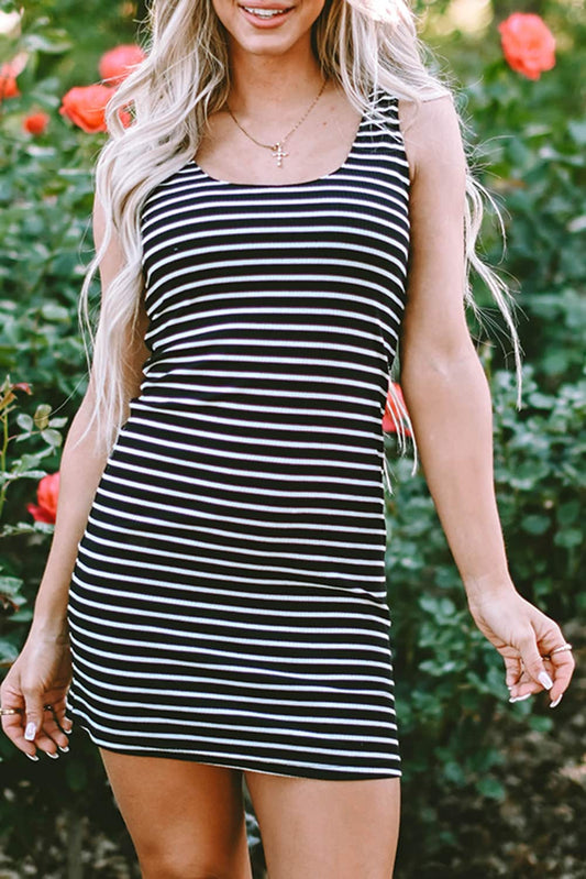 Flora Ribbed Knit Sleeveless Mini Dress - Black Stripe / M - 8/10