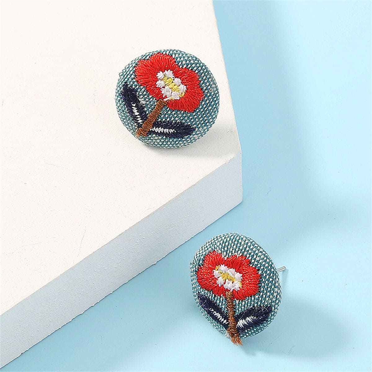 Silvertone & Red Floral Woven Stud Earrings
