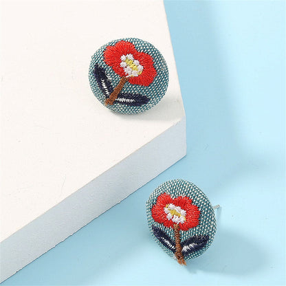 Silvertone & Red Floral Woven Stud Earrings